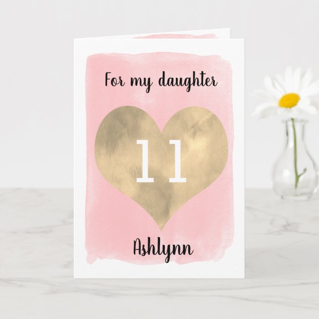 Tarjeta Bonito Rosa y Oro Hija de cumpleaños número 11 (Planta pequeña)