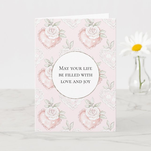 Tarjeta Bonito Rosas Blancas Lace Hearts Boda (Planta pequeña)