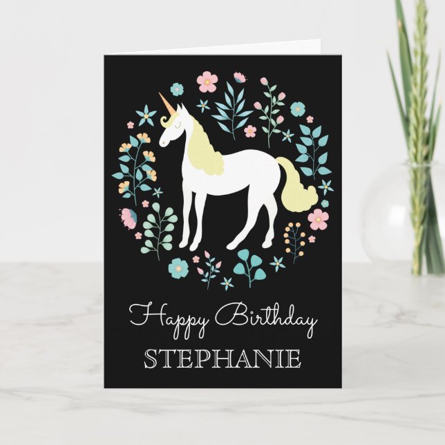 Tarjeta Bonito Unicornio y flores negras personalizadas (Anverso)