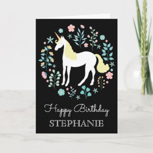 Tarjeta Bonito Unicornio y flores negras personalizadas