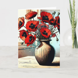Tarjeta Bonito Vase de los Poppies Rojos Cumpleaños