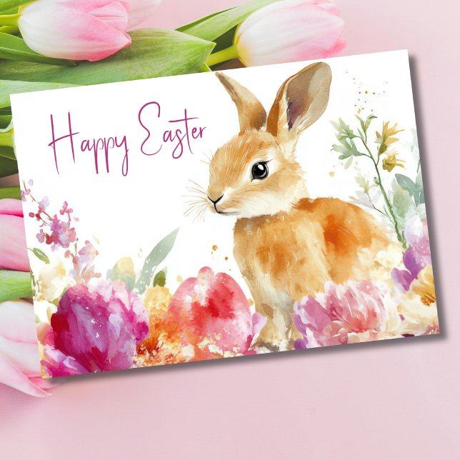 Tarjeta Bonito Watercolor Floral Easter Bunny Holiday Card (Subido por el creador)