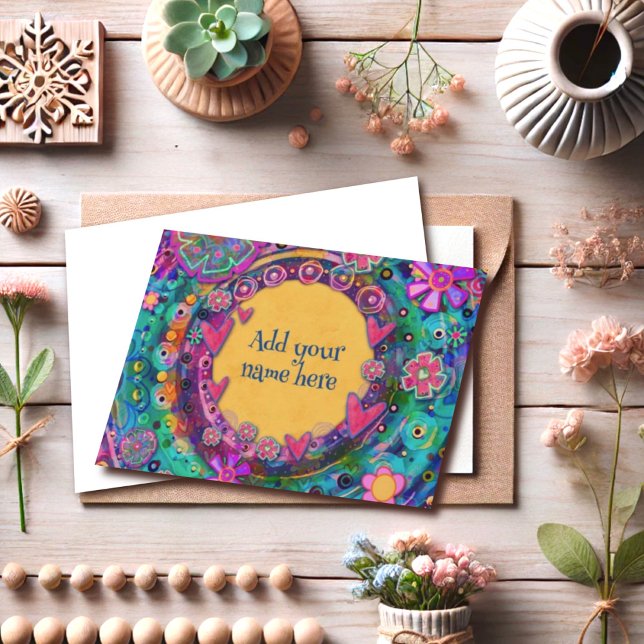 Tarjeta Bonito Whimsical Divertido amarillo rosa Floral pe (Subido por el creador)