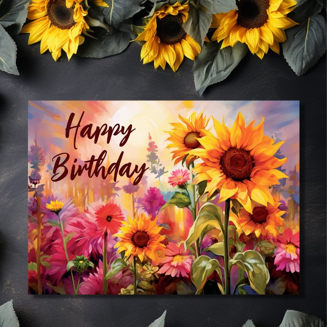 Tarjeta Bonitos girasoles con flores coloridas Cumpleaños (Front - Pretty Sunflowers with Colorful Flowers Birthday Card)