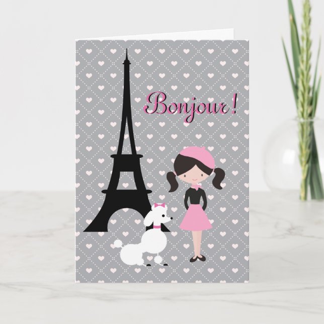 Tarjeta Bonjour Eiffel Tower, Poodle y Chica Cumpleaños (Anverso)