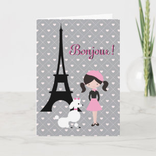 Tarjeta Bonjour Eiffel Tower, Poodle y Chica Cumpleaños