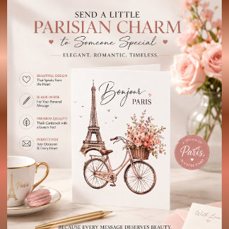 Tarjeta Bonjour París Torre Eiffel Bicicleta Saludo Floral