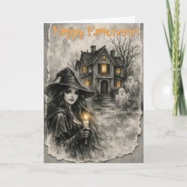 Tarjeta ¡BOO! Bruja Embrujada y Casa de Halloween
