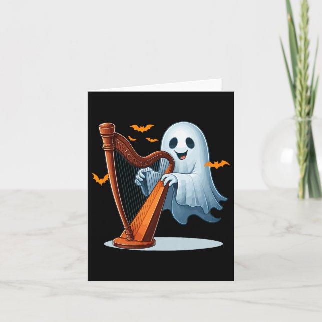 Tarjeta Boo Ghost toca instrumentos musicales Harp Hallowe (Anverso)