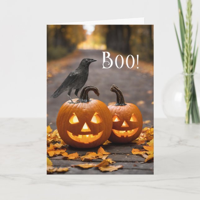 Tarjeta Boo Halloween Jack o' Lanterns y Raven (Anverso)