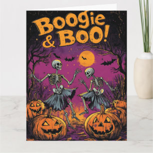 Tarjeta ¡Boogie & Boo! - Esqueletos de Halloween y calabaz
