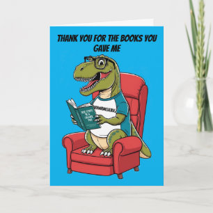 Tarjeta Bookwormosaurs rex sentado en un libro de lectura 