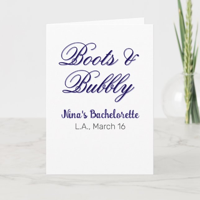 Tarjeta Boots & Bubble bachelorette party name purpleplace (Anverso)