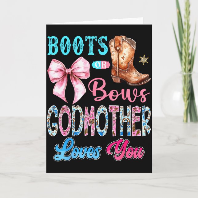 Tarjeta Boots Or Bows Godmother Loves You Gender Reveal We (Anverso)