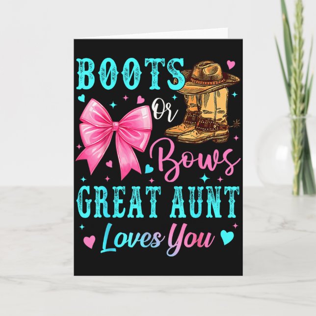 Tarjeta Boots Or Bows Great Aunt Loves You Gender Reveal F (Anverso)