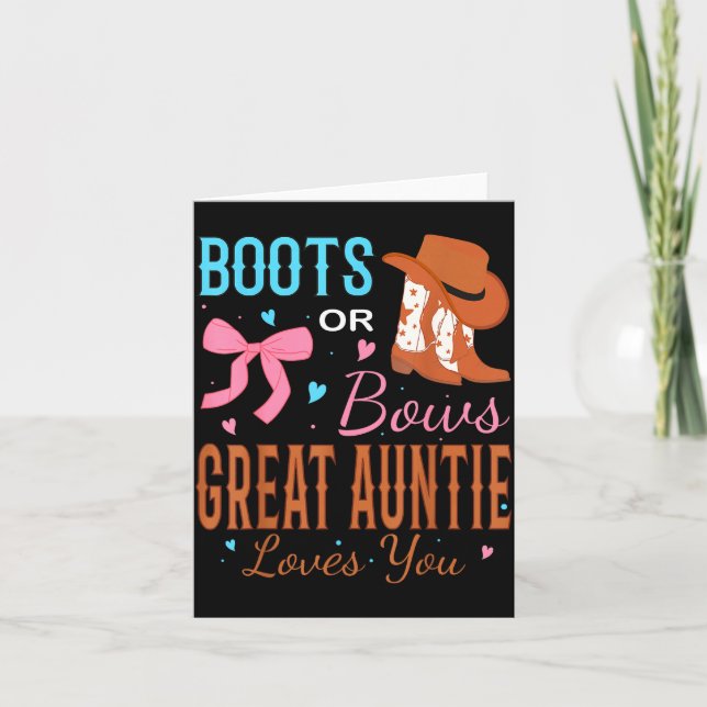 Tarjeta Boots Or Bows Great Auntie Loves You Gender Reveal (Anverso)