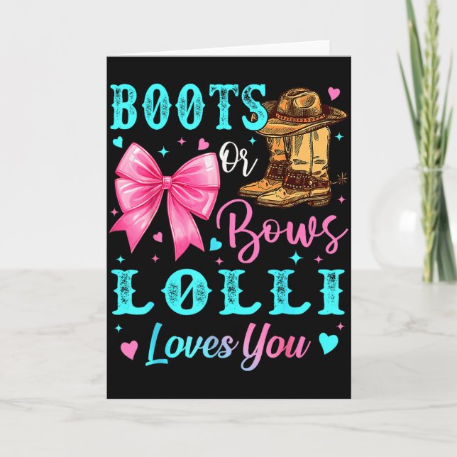 Tarjeta Boots Or Bows Lolli Loves You Gender Reveal Family (Anverso)