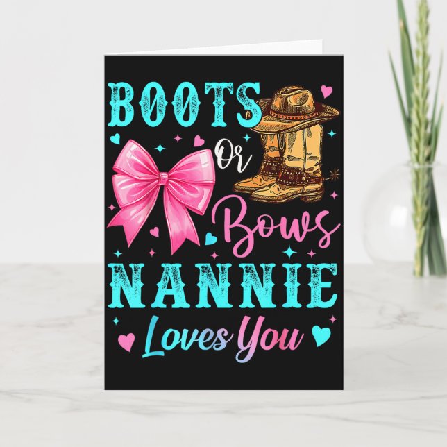 Tarjeta Boots Or Bows Nannie Loves You Gender Reveal Famil (Anverso)