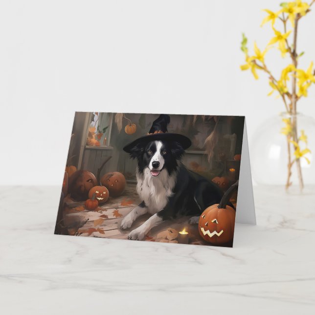 Tarjeta Borde de Collie Pumpkins Halloween Scary (flor amarilla)