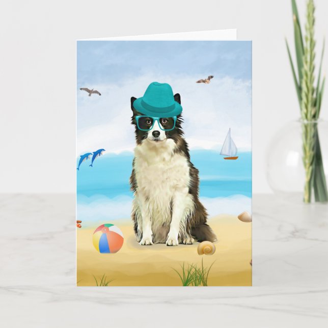 Tarjeta Borde de Perro Collie en la playa (Anverso)