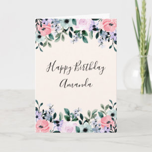 Tarjeta Borde floral acuarela rosa púrpura verde