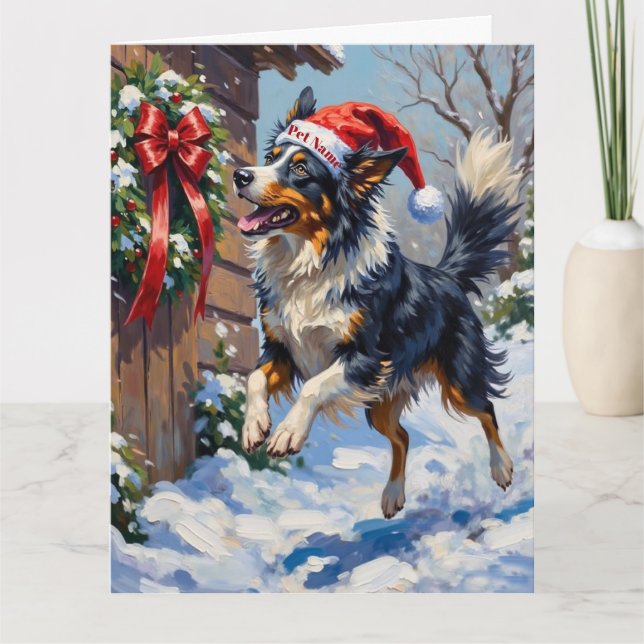 Tarjeta Border Collie atrapando un lazo de Navidad en el a (Anverso)