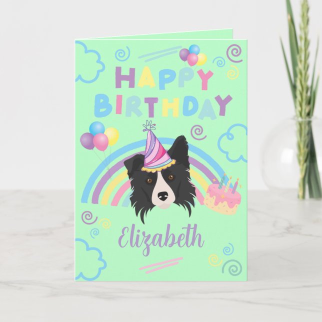 Tarjeta Border Collie Birthday Card in Green (Anverso)