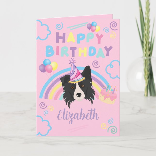 Tarjeta Border Collie Birthday Card in Pink (Anverso)