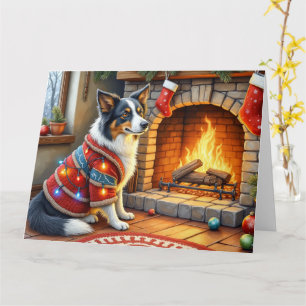 Tarjeta Border Collie Chimenea con Luces de Navidad