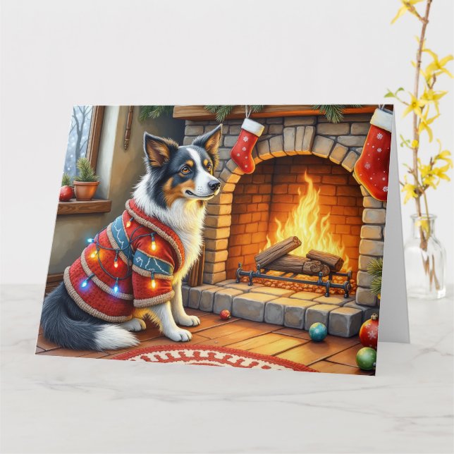 Tarjeta Border Collie Chimenea con Luces de Navidad (flor amarilla)
