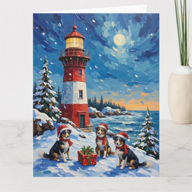 Tarjeta Border Collie Christmas Lighthouse Holiday (Anverso)