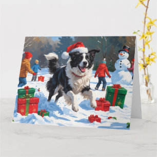 Tarjeta Border Collie con sombrero de Santa jugando en la