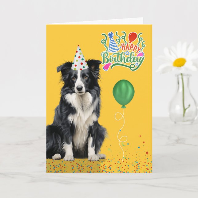 Tarjeta Border Collie Dog Party Hat Yellow Birthday (Planta pequeña)