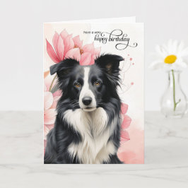 Tarjeta Border Collie Dog Pink Botanical Flowers Birthday