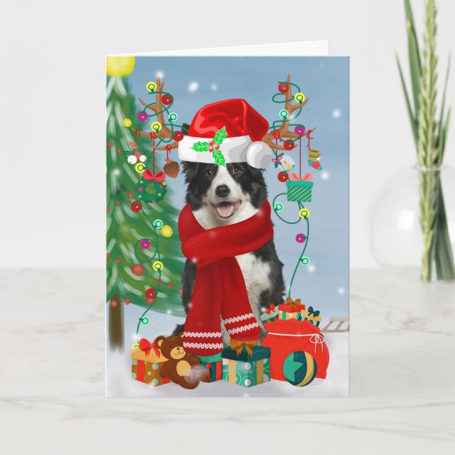 Tarjeta Border Collie en la nieve con regalos de Navidad (Anverso)