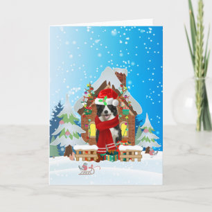 Tarjeta Border Collie en la nieve con regalos de Navidad 