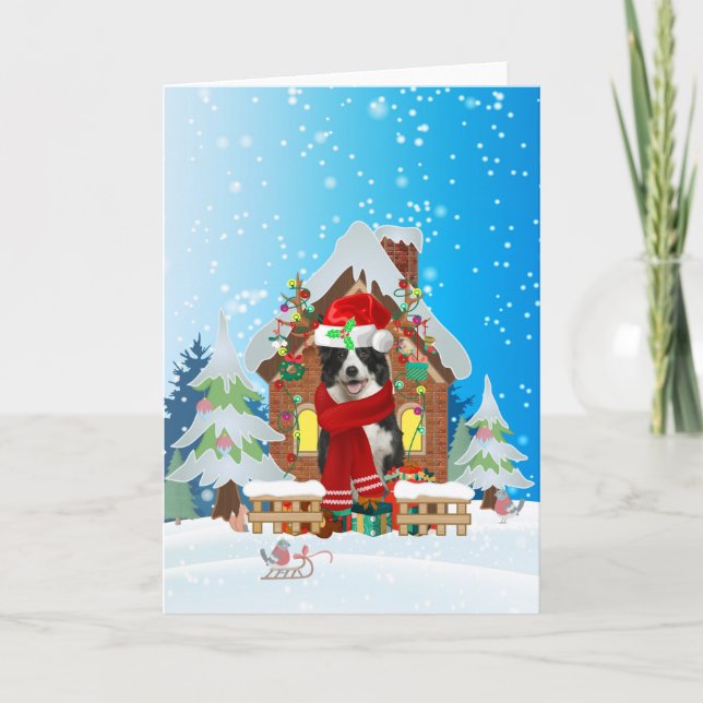 Tarjeta Border Collie en la nieve con regalos de Navidad  (Anverso)
