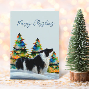 Tarjeta Border Collie en la nieve de invierno árbol de Nav