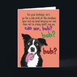 Tarjeta Border Collie Funny Birthday Card for Dog Owner<br><div class="desc">This funny greeting card for a dog lover or owner has a border collie pup looking crazy and excited and asks, "For your birthday, let's go for a ride with all the windows open…" and it goes on, asking for some things dogs love to do that people don't always enjoy...</div>