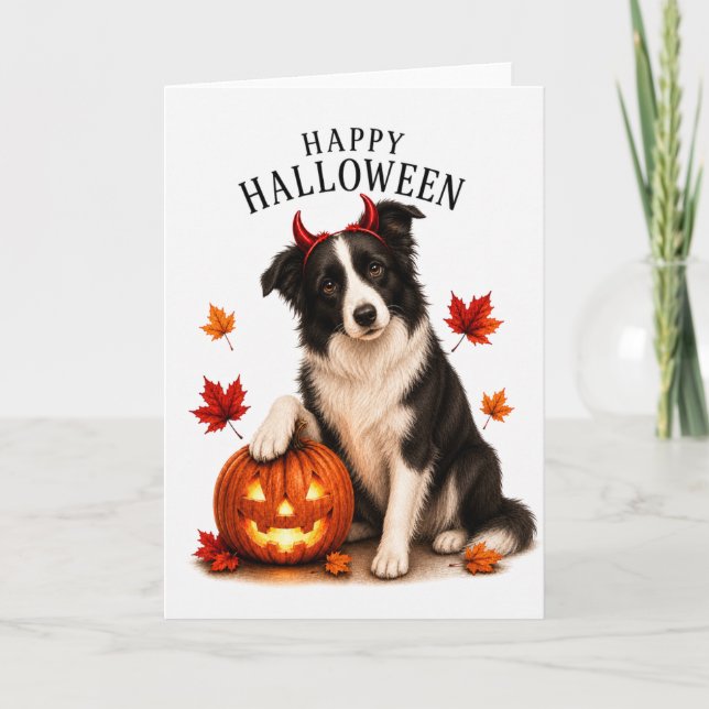 Tarjeta Border Collie Halloween Perro Diablo (Anverso)