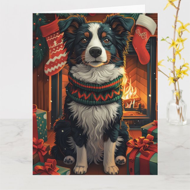 Tarjeta Border Collie Perro con regalos de Navidad Chimene (flor amarilla)
