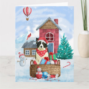 Tarjeta Border Collie Perro En la casa de Navidad con niev
