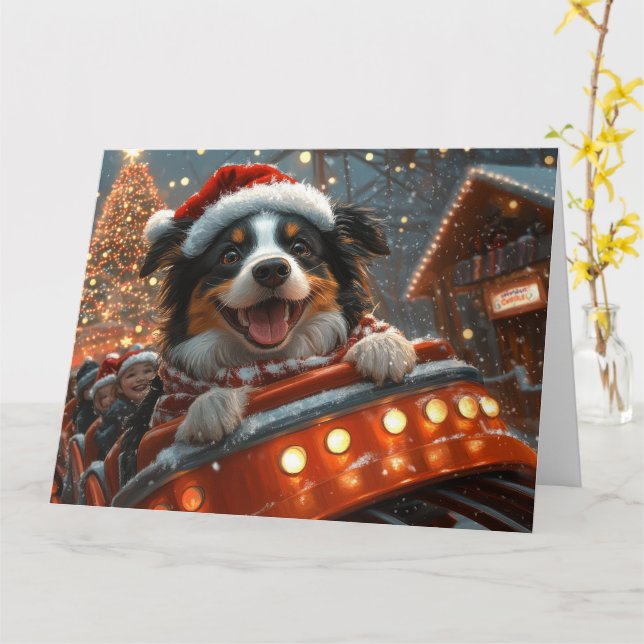 Tarjeta Border Collie Perro Montaña Rusa Navidad (flor amarilla)