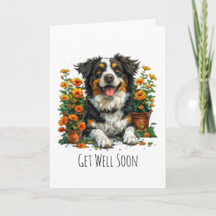 Tarjeta Border Collie Recuperándose Pronto Entre Flores