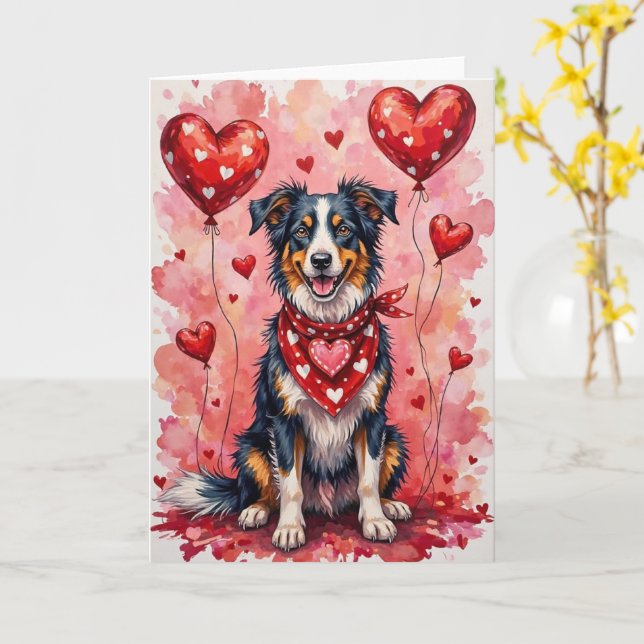 Tarjeta Border Collie Valentine’s Day Dog with Hearts Red (flor amarilla)