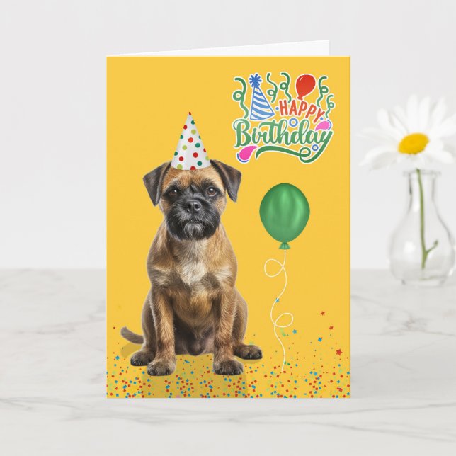 Tarjeta Border Terrier Dog Party Hat Yellow Birthday (Planta pequeña)