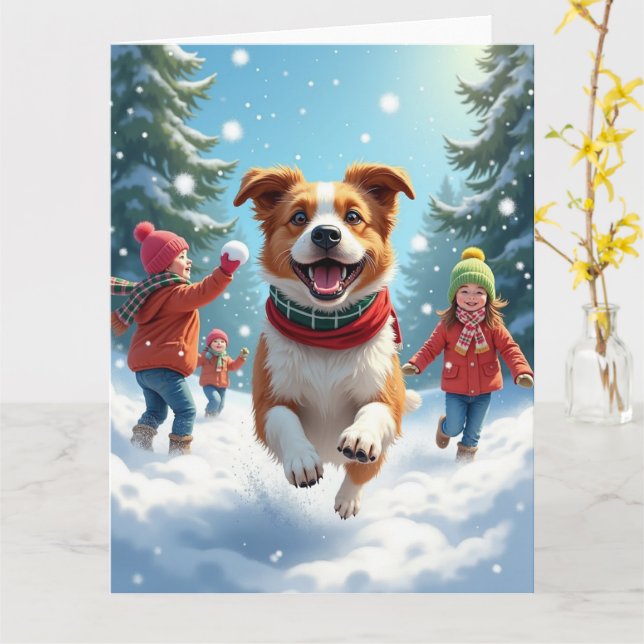 Tarjeta Border Terrier Snowball Fight Christmas Painting (flor amarilla)
