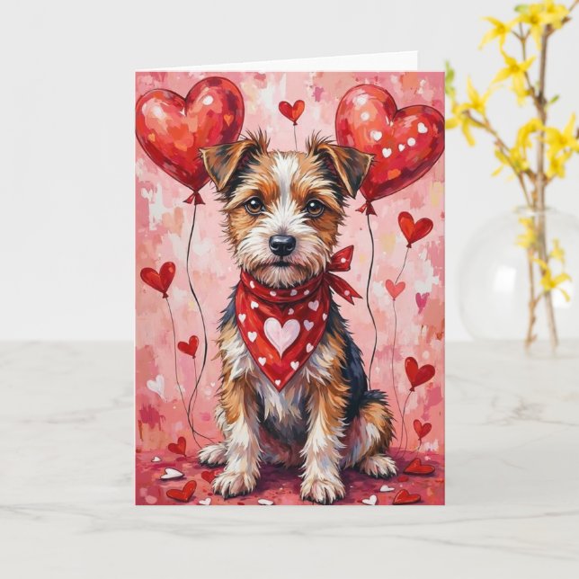 Tarjeta Border Terrier Valentine Perro Sentado con Corazon (flor amarilla)