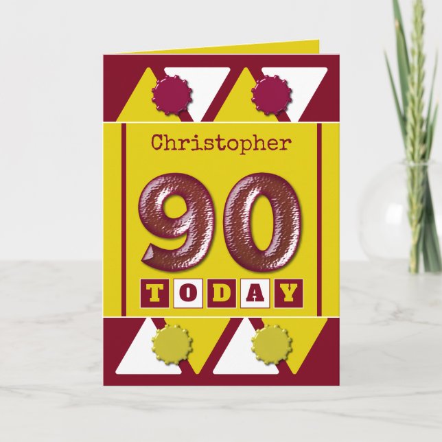 Tarjeta Borgoña y amarillo 90 cumpleaños (Anverso)