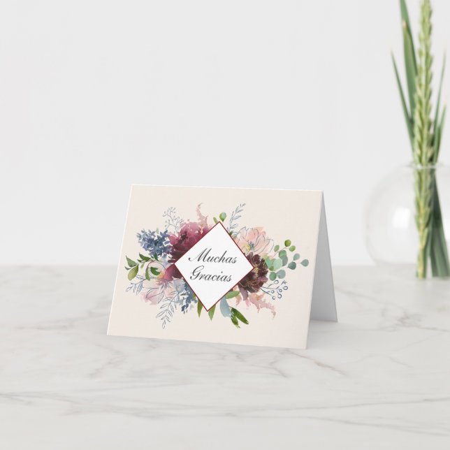 Tarjeta Borgoña y floral azul gracias en español (Anverso)